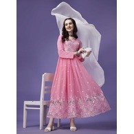 Embroidered Pink Georgette Anarkali Gown with Dupatta – Full Stitched, Elegant Party & Wedding Wear