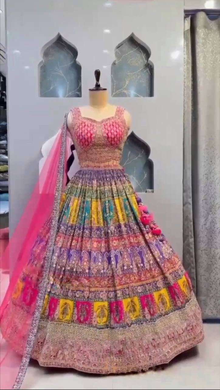4 Meter Flared Printed Embroidery Sequins Work Muslin Silk Lehenga with Can-Can & Canvas Layers – A Perfect Blend of Glamour and Comfort