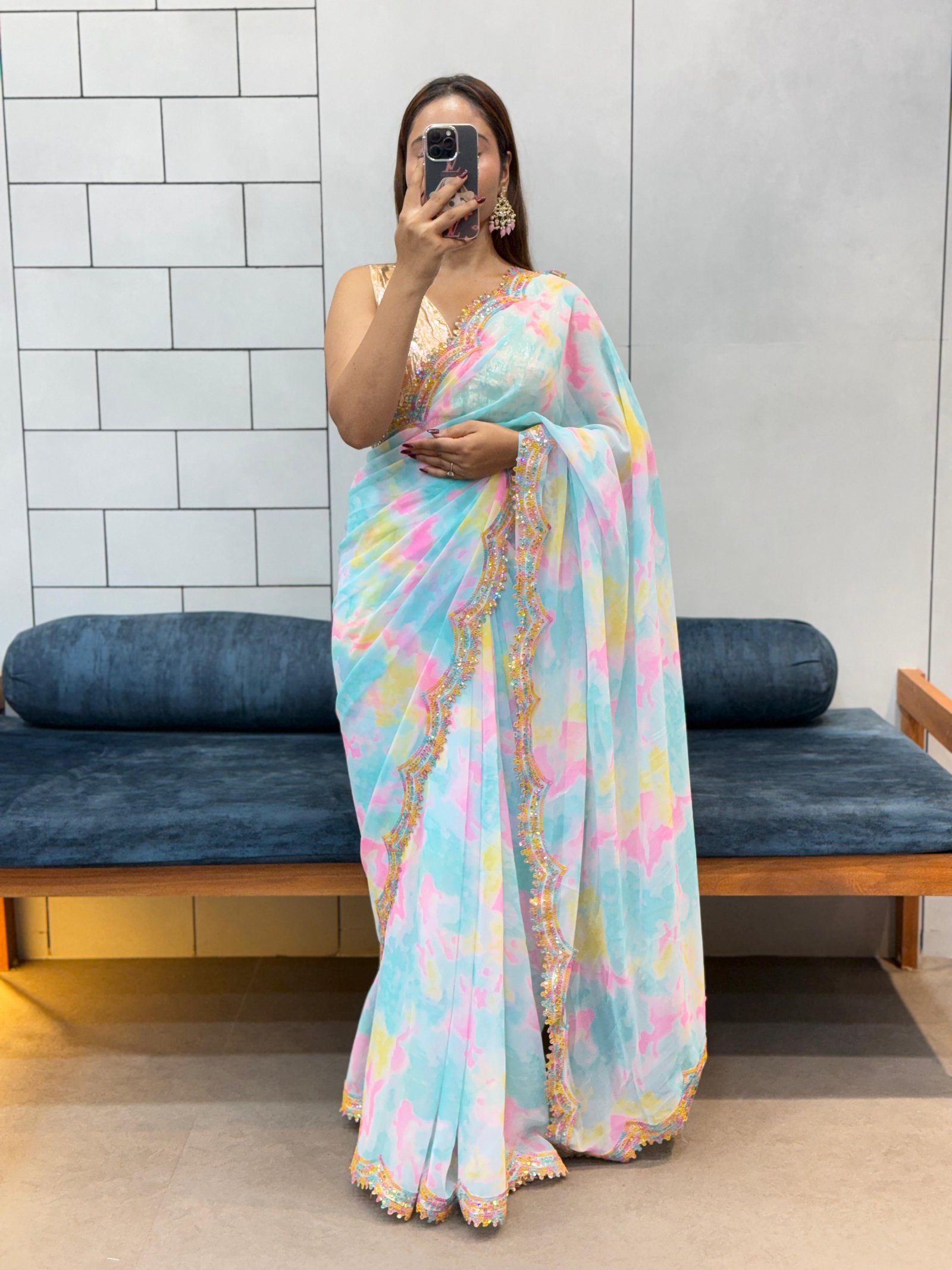 Sky Renbow Celebrity Style Shibori Print Soft Faux Georgette Saree