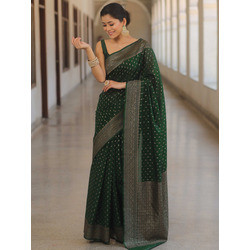 Premium Banarasi Jacquard Saree with Blouse Piece for Women – Green, Jari Woven Design