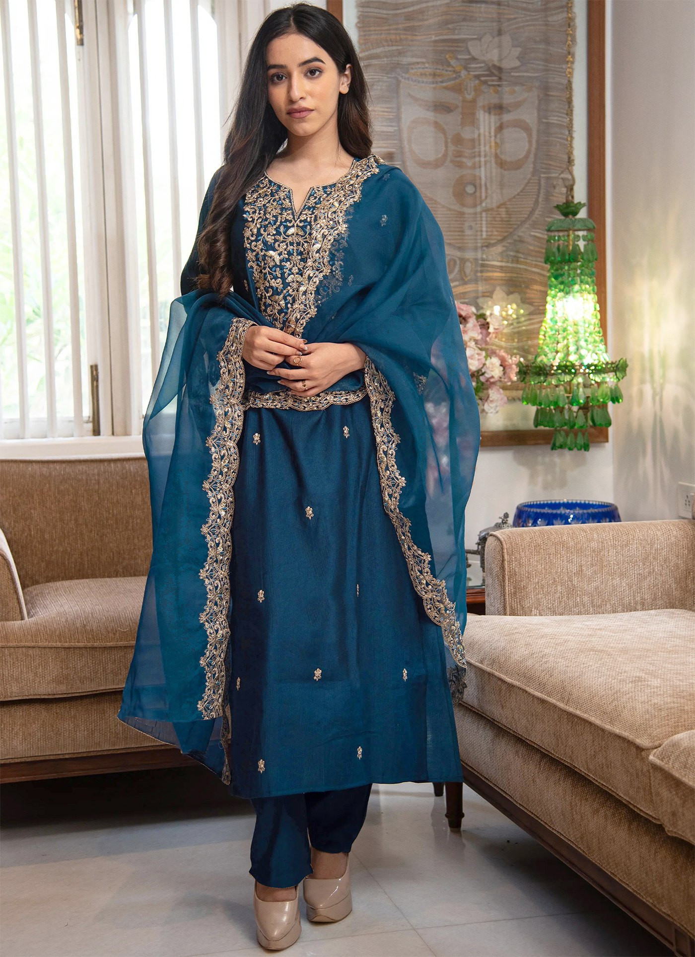 Cerulean Blue Embroidered Tesla Kurta Pant Dupatta Set for Women