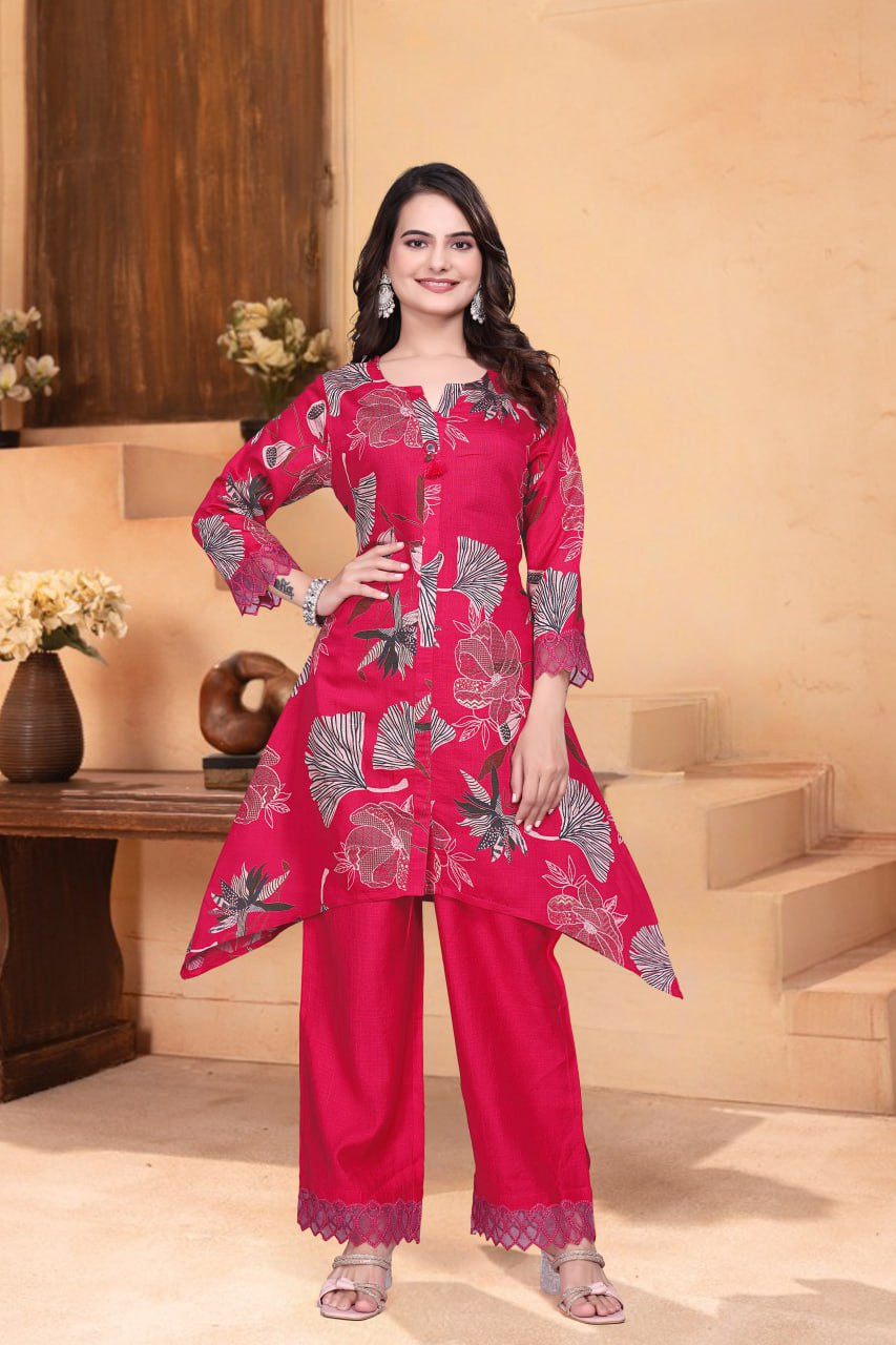 Premium Printed Vertican Co-Ord Set with Organza Lace Detailing