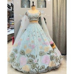 4 Meter Flared Embroidered Double Sequins Cut Work Lehenga with Can-Can & Canvas Layers – Organza Silk Semi-Stitched Set