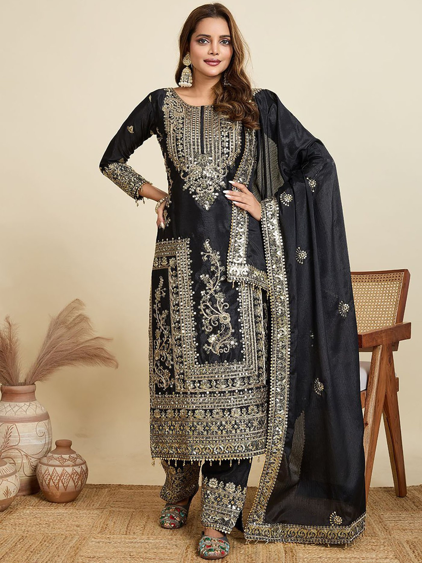 Maroon & Black Sherwani Suit Set with Embroidered Kurta, Plazo & Dupatta