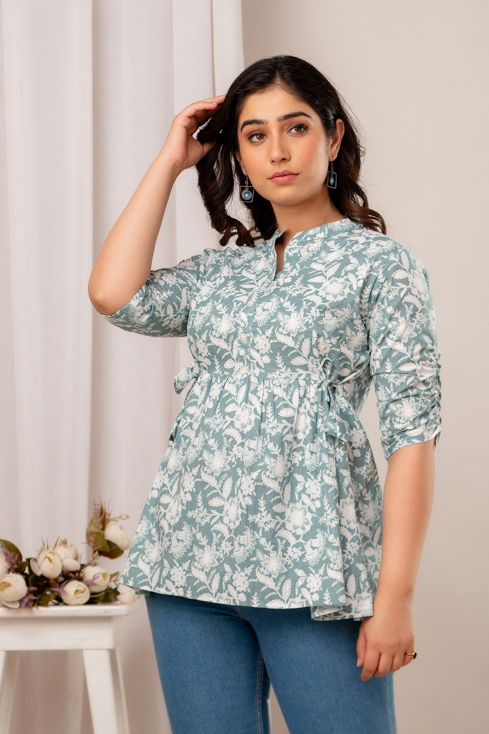 Gray White Printed Pure Cotton Womens Top