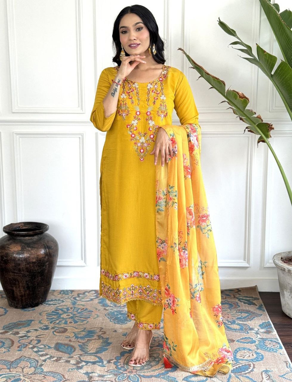 Women’s Yellow Silk Kurta Pant Dupatta Set | Embroidered Roman Silk Suit with Tabi Dupatta