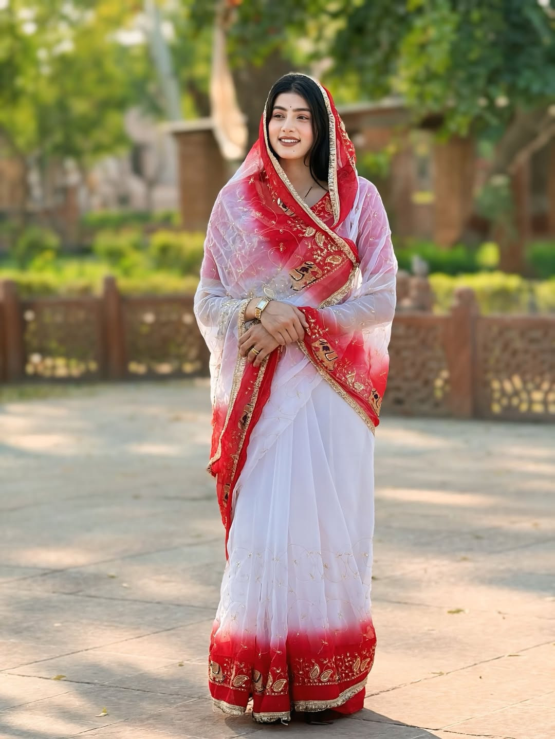 Designer Elephant Embroidered Faag Saree – Georgette Sequence Work (5.5 Mtr)