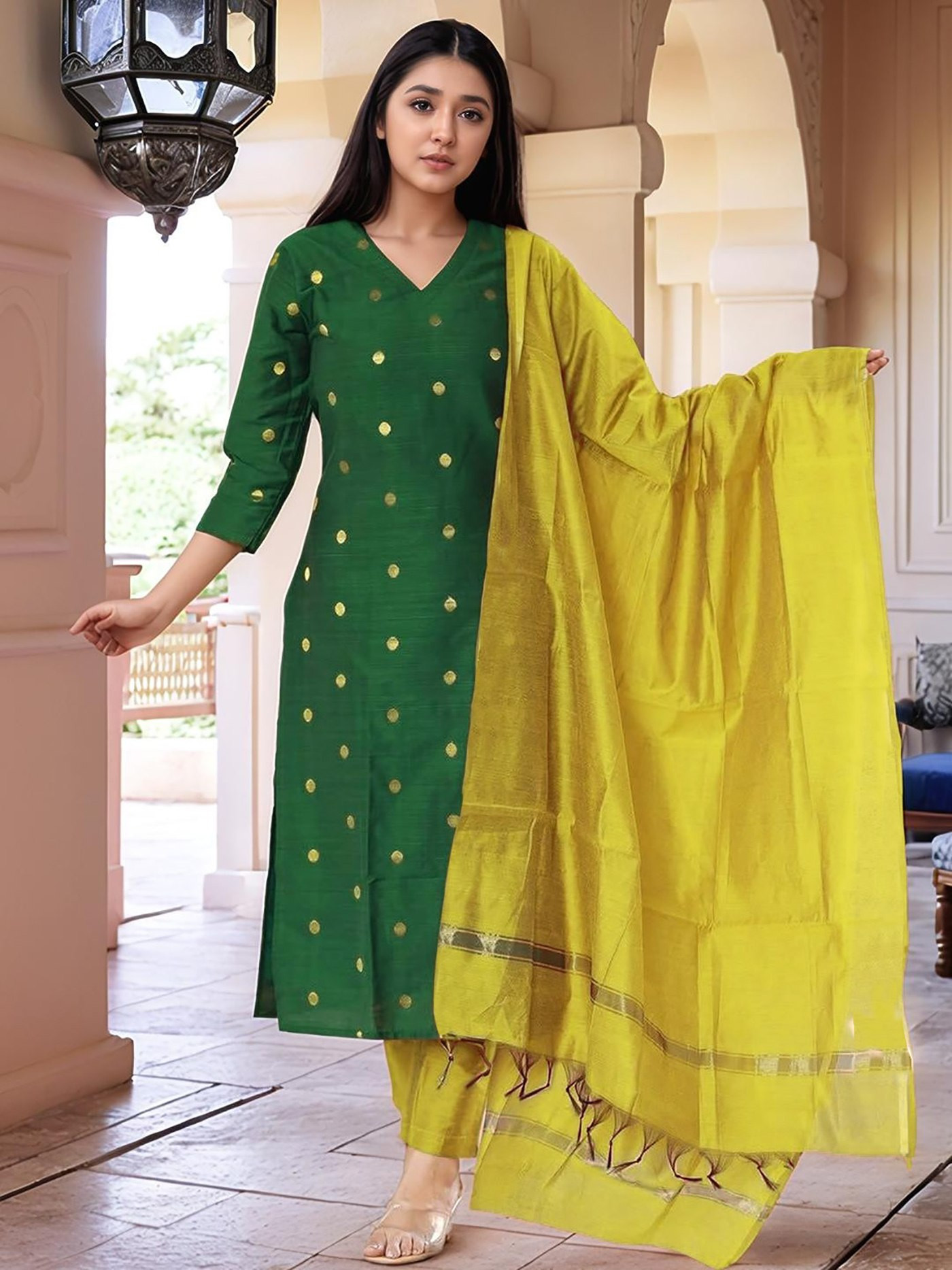 Green Jacquard Weaving Art Silk Kurta Set with Yellow Pant & Dupatta | Premium Ethnic Suit for Women