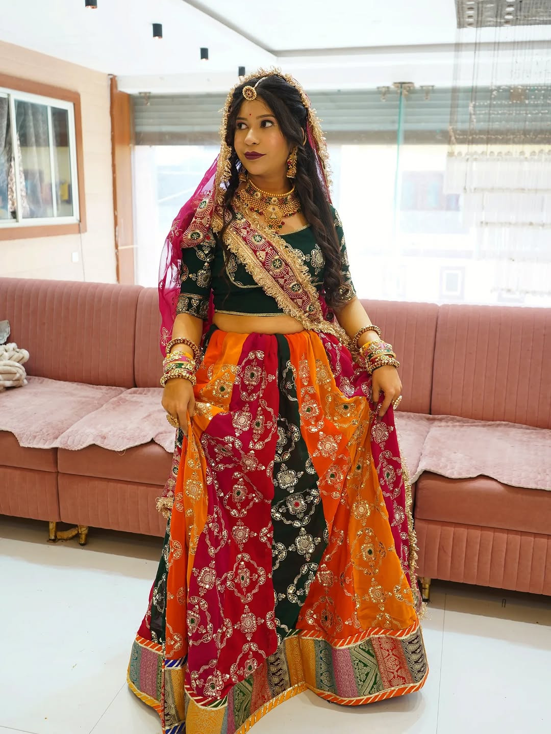 Designer 20 Kali Lehenga with Vintage Zari Work & Contrast Odhna