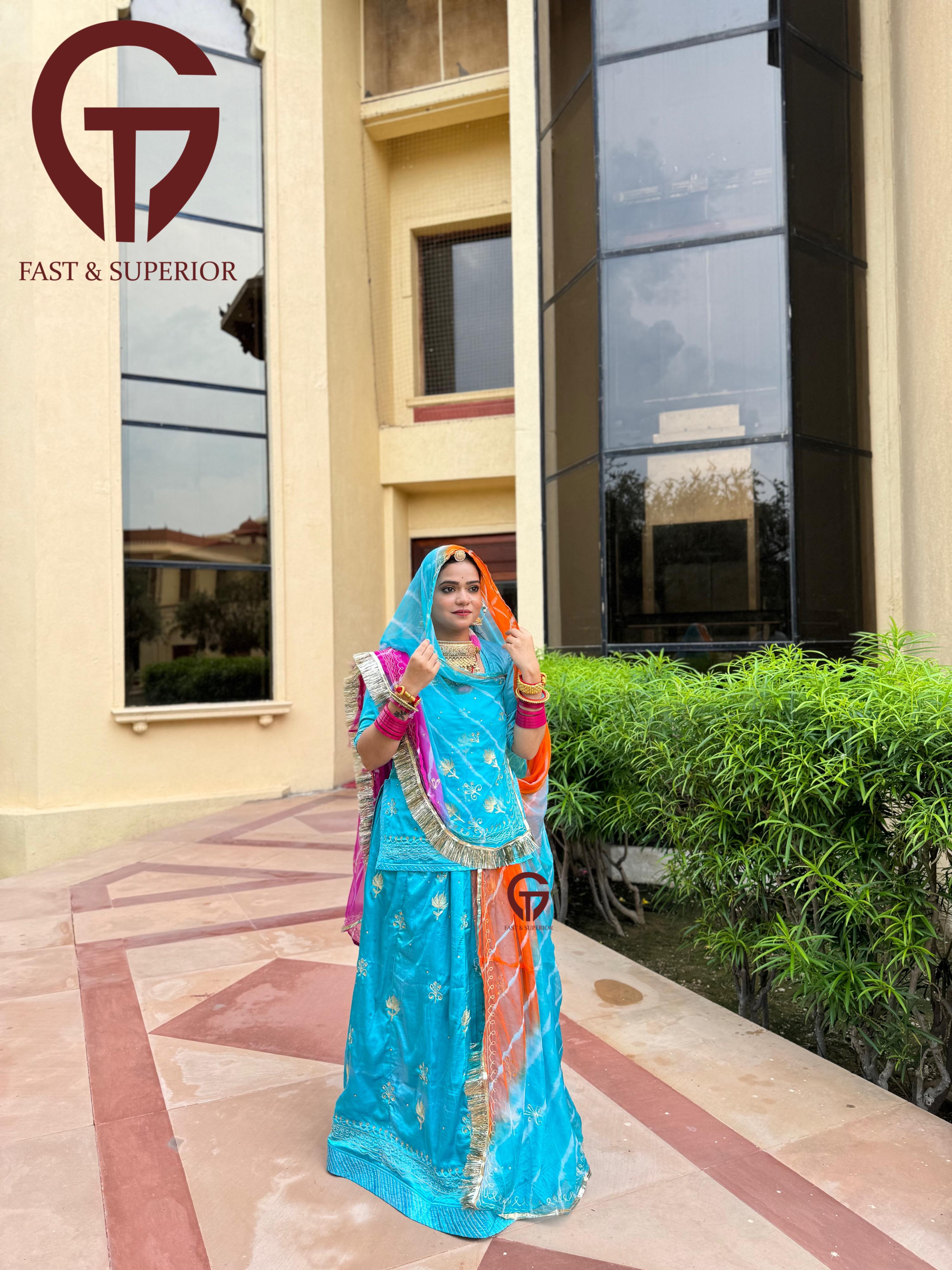 Elegent Partywear Satan Fabric Resam Kundan Work Rajputi Poshak