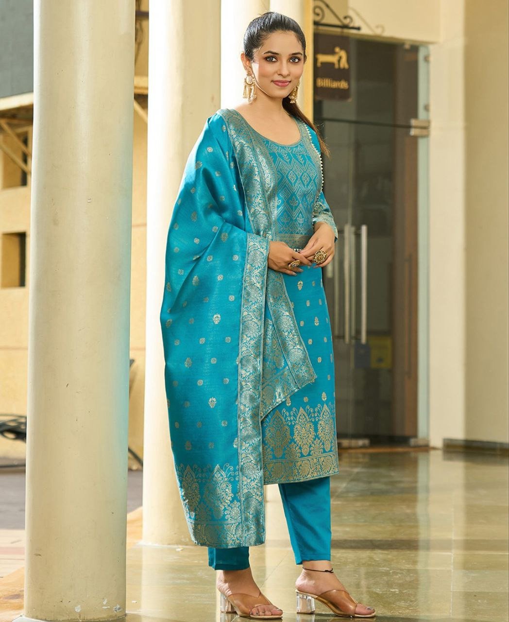 New Silk Jacquard Sky Blue Sandhya Kurta Pant Dupatta Set for Women
