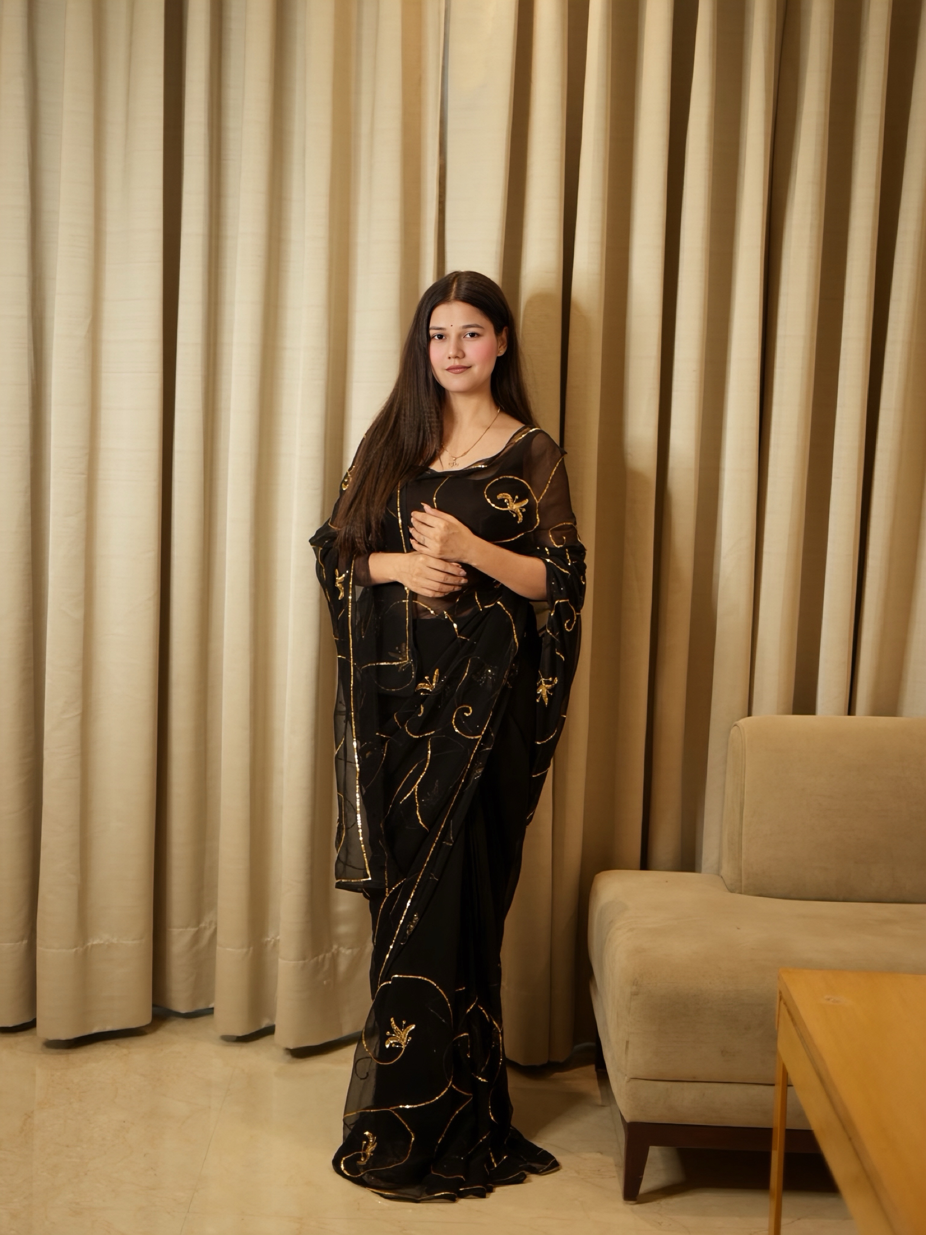 Pure Chiffon Vintage Style Darbari Saree With Unstitched Blouse | Sequin & Diamond Work