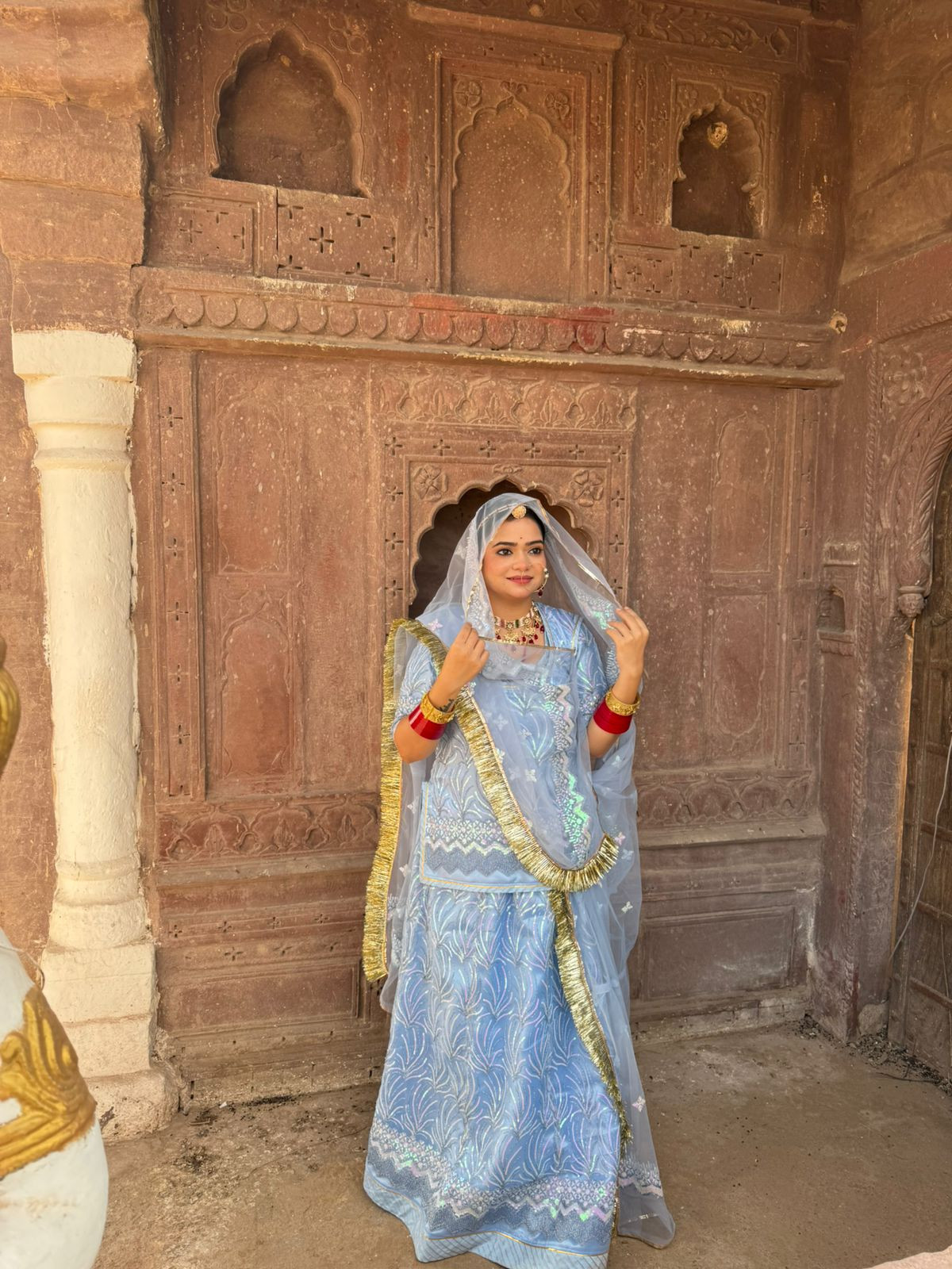 Bindani Sapphire Charm: Blue Net Poshak with Net Odhna (Semi Stich)