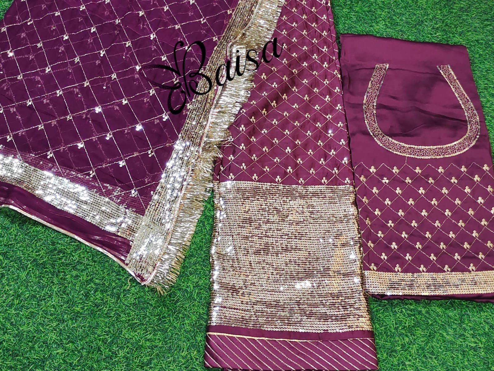 Designer Satin Poshak With Heavy Sequence Work And Humrahi Pure