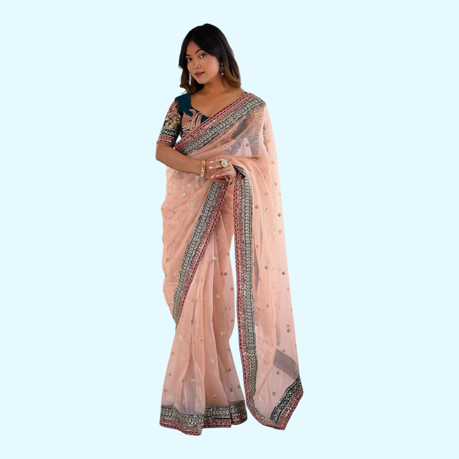 Peach Net Party Wear Saree with Embroidered Banglori Blouse | Women Saree