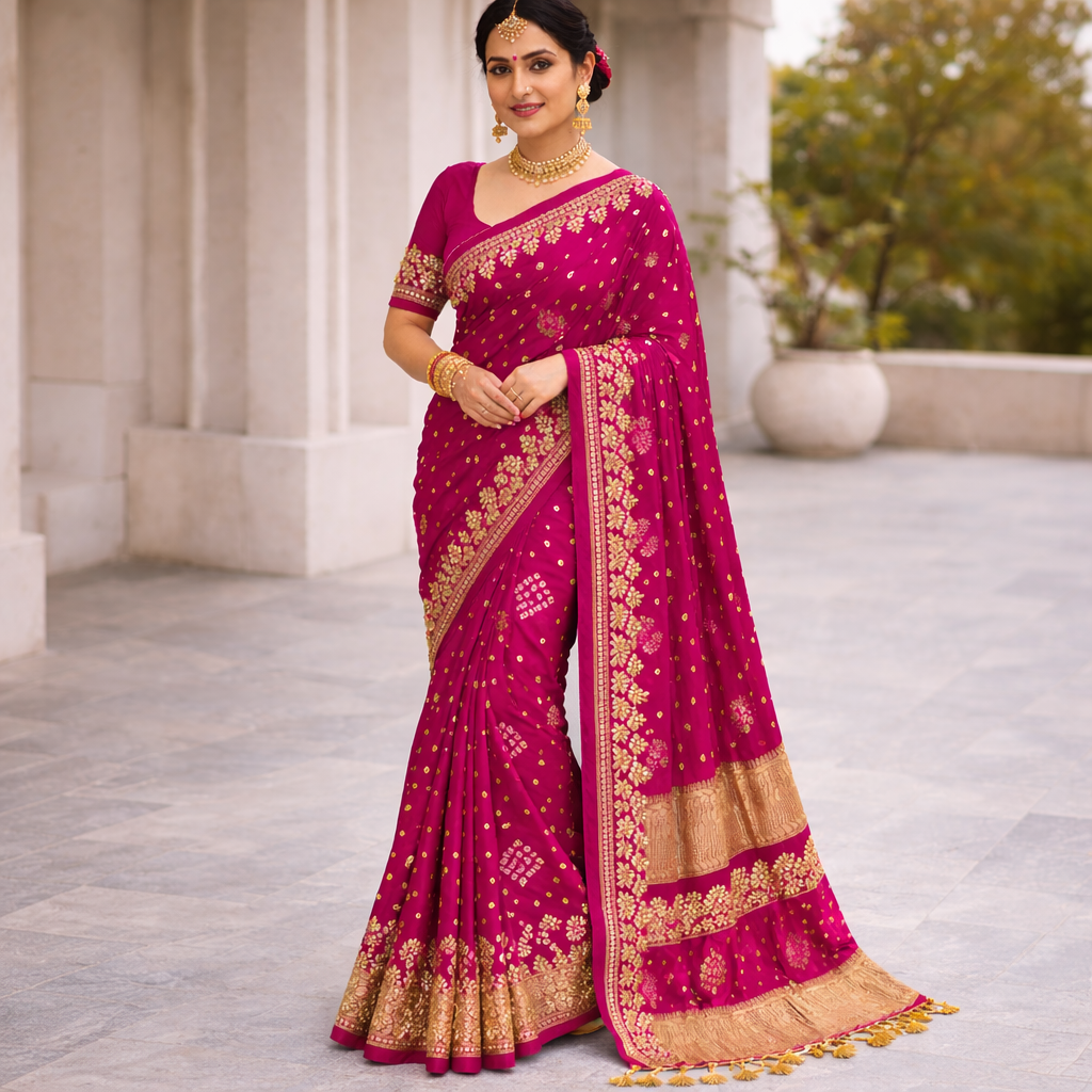 Gaji Silk Bandhani Saree with Gota Pati Handwork - Luxurious Indian Ethnic Wear