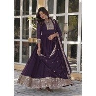 Embroidered Wine Georgette Stitched Anarkali Gown with Dupatta for Women