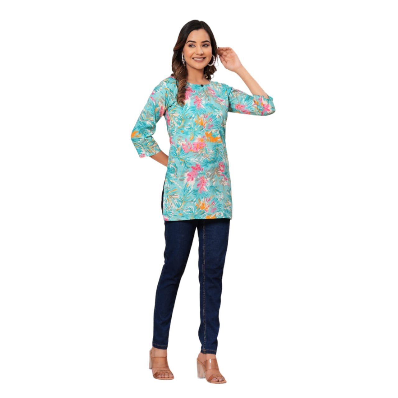 Beige Gold Blue Short Kurti For Women