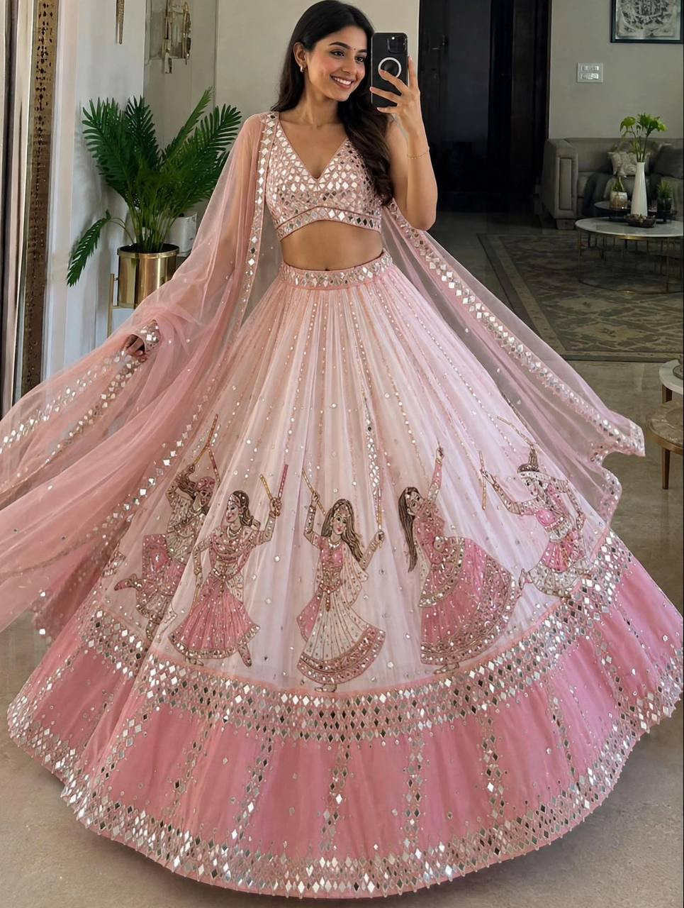 4 Meter Flared Premium Star Georgette Lehenga with Digital Print & Real Mirror Work