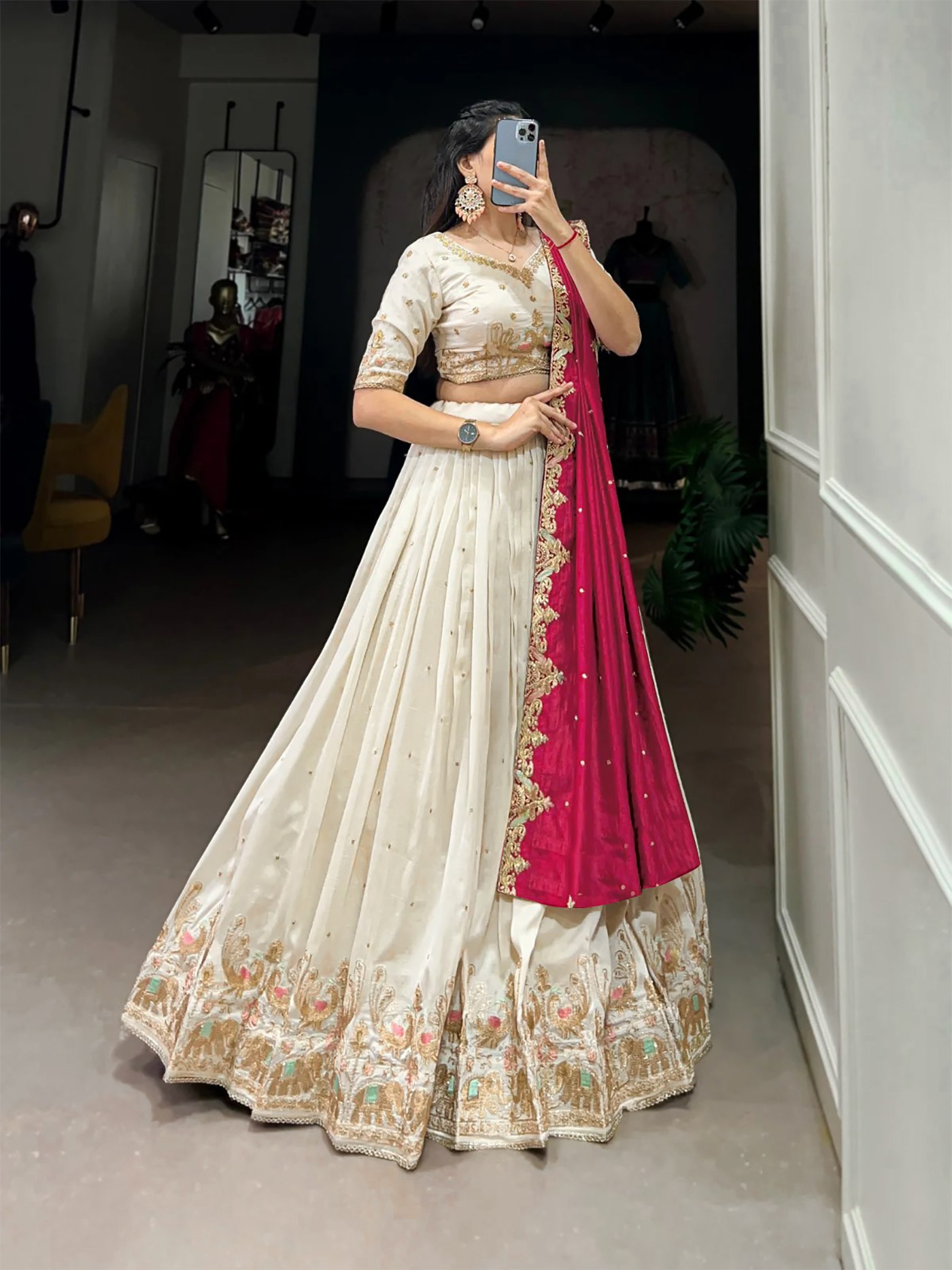 Embellished White Semi-Stitched Chinon Lehenga Choli with Embroidered Zari Work & Sequins Dupatta  Description: