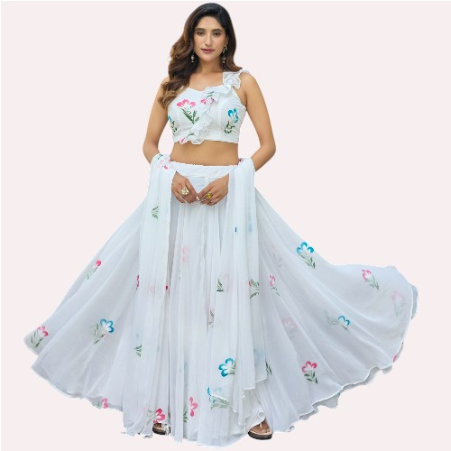 Floral Hand-Painted Soft Georgette Lehenga Choli Set with Dupatta | Designer Party Wear Lehenga for Women