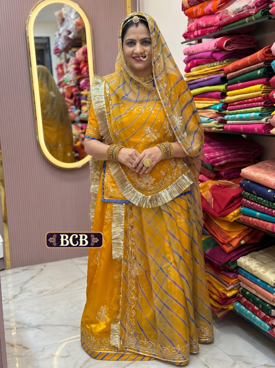 Premium Satin Silk Leheriya Pattern Rajputi Poshak with Humrahi Pure Odhna