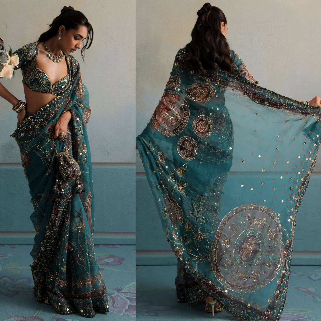 Premium Star Shining Georgette Sequence Figure Work & Digital Print Saree with Unstitched Blouse