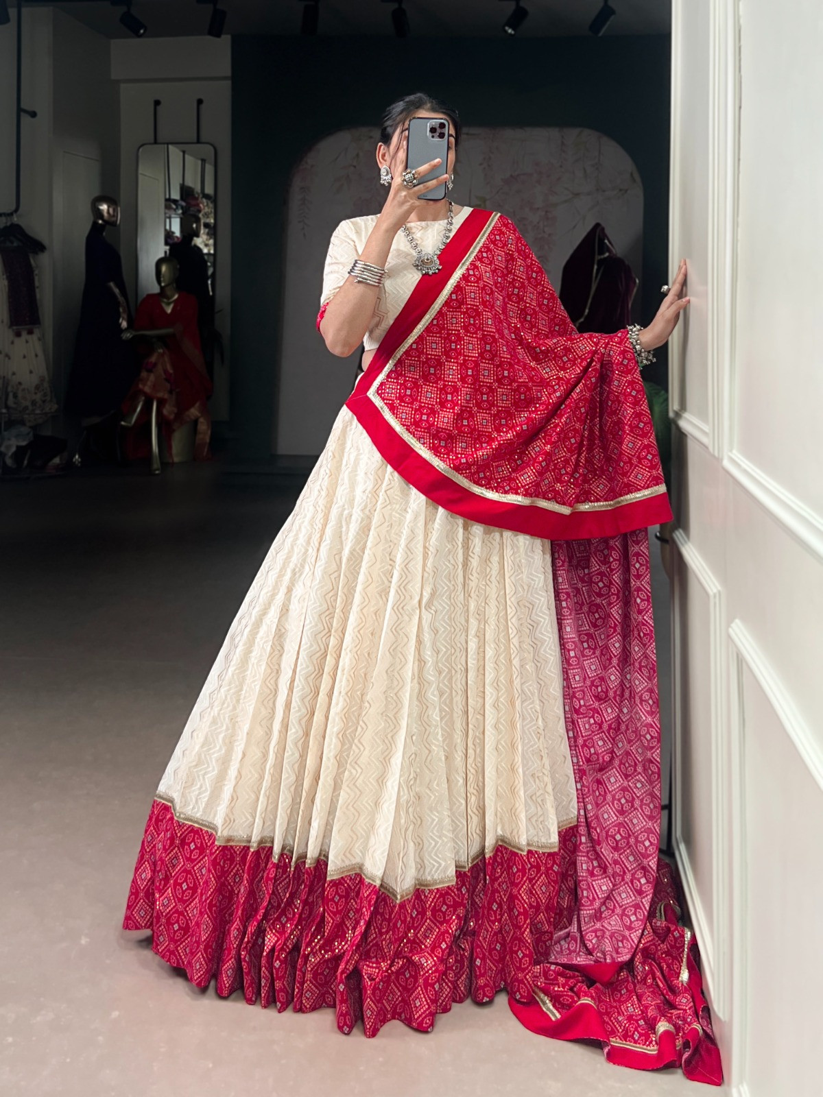 Women's Premium Cotton Bandhej Navratri Lehenga Choli Set with Sequins Lace Dupatta