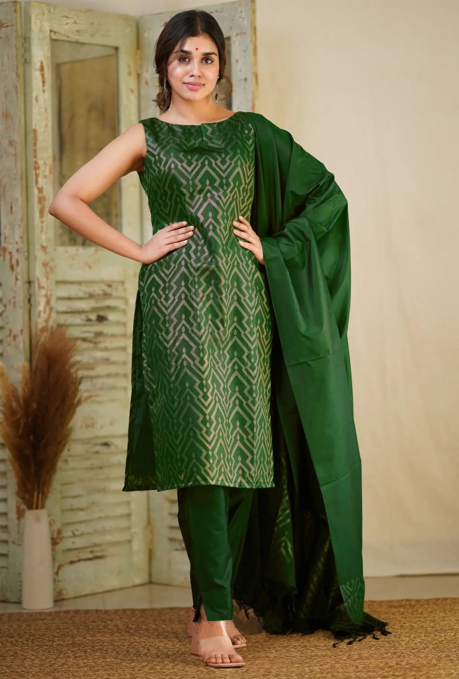 Elegant Olive Green Art Silk Kurta Set with Pant & Dupatta