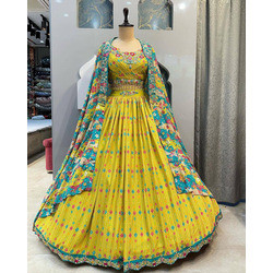 Luxury 4 Meter Flared Chinon Silk Lehenga Set with Sequins Embroidery, Can-Can & Canvas Layer – Semi-Stitched Bridal & Party Wear