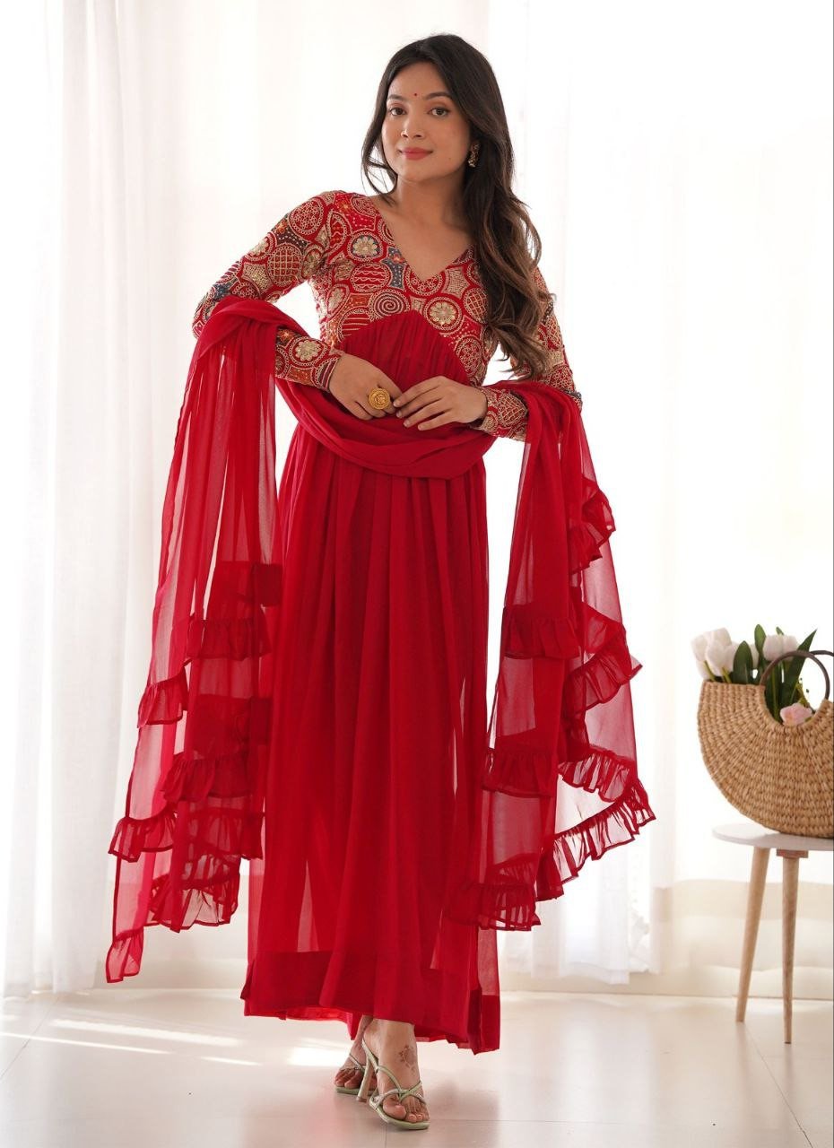 Embroidered Georgette Anarkali Gown with Dupatta – Red, Stitched, Full Sleeve