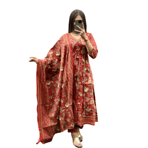 Anarkali kurta set with new style in saganeri  print