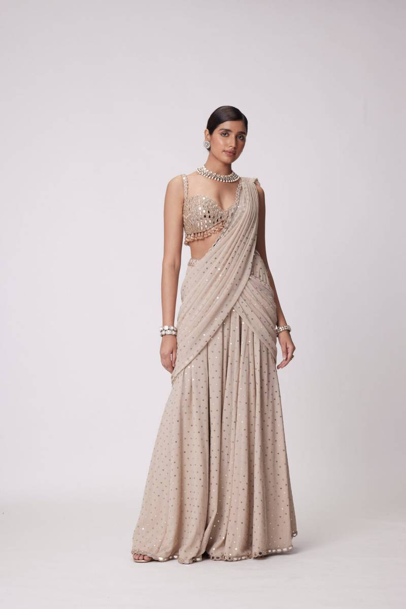 Faux Georgette Ready-to-Wear Saree with Real Mirror & Sequins Work
