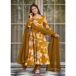 Elegant Yellow Rayon Slub Printed Anarkali Pant with Georgette Dupatta Set for Women