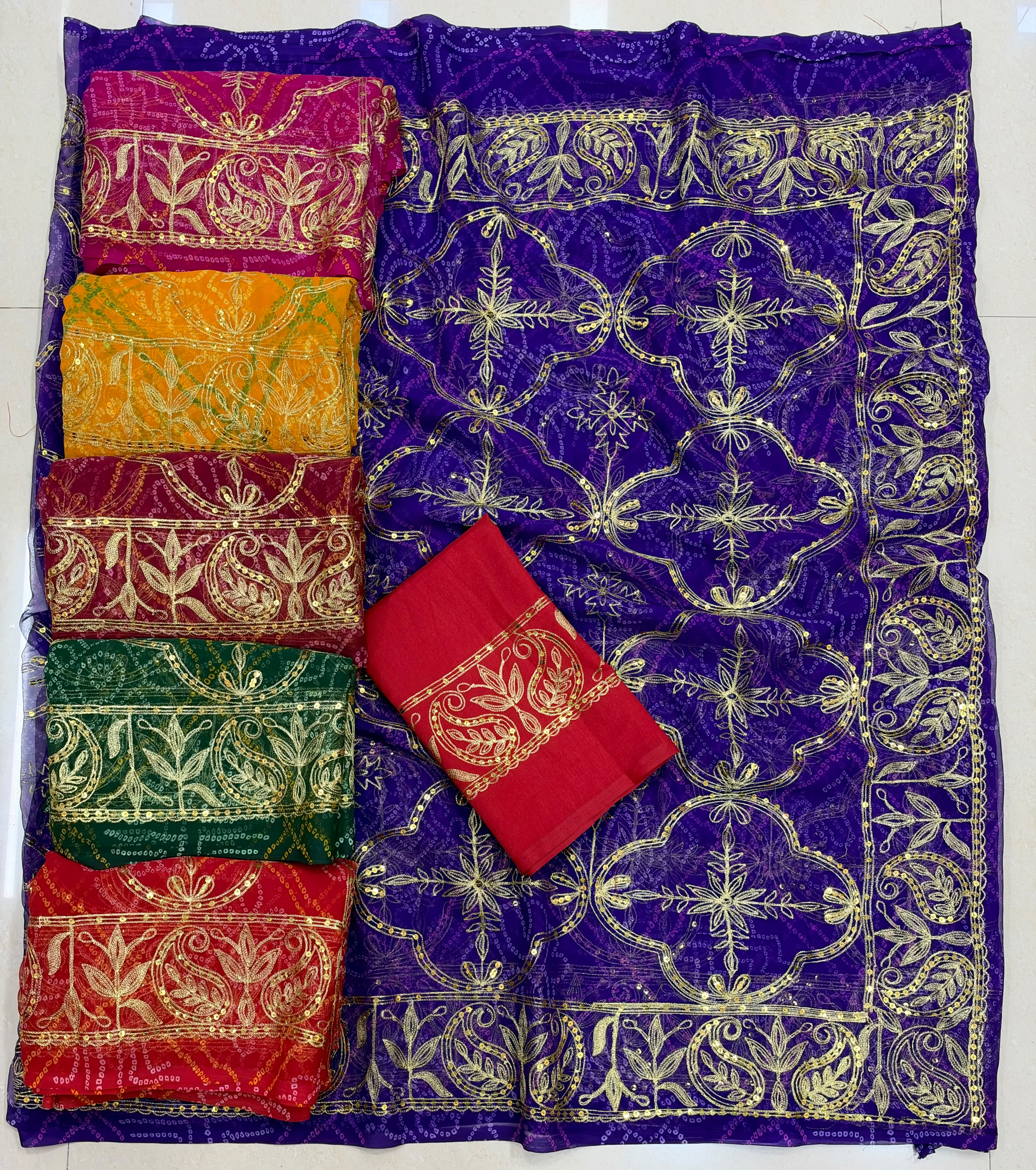 Premium Royal Georgette Bandhani Saree with Kasab Sequence Work & Bandhej Print – 5.50 Meter