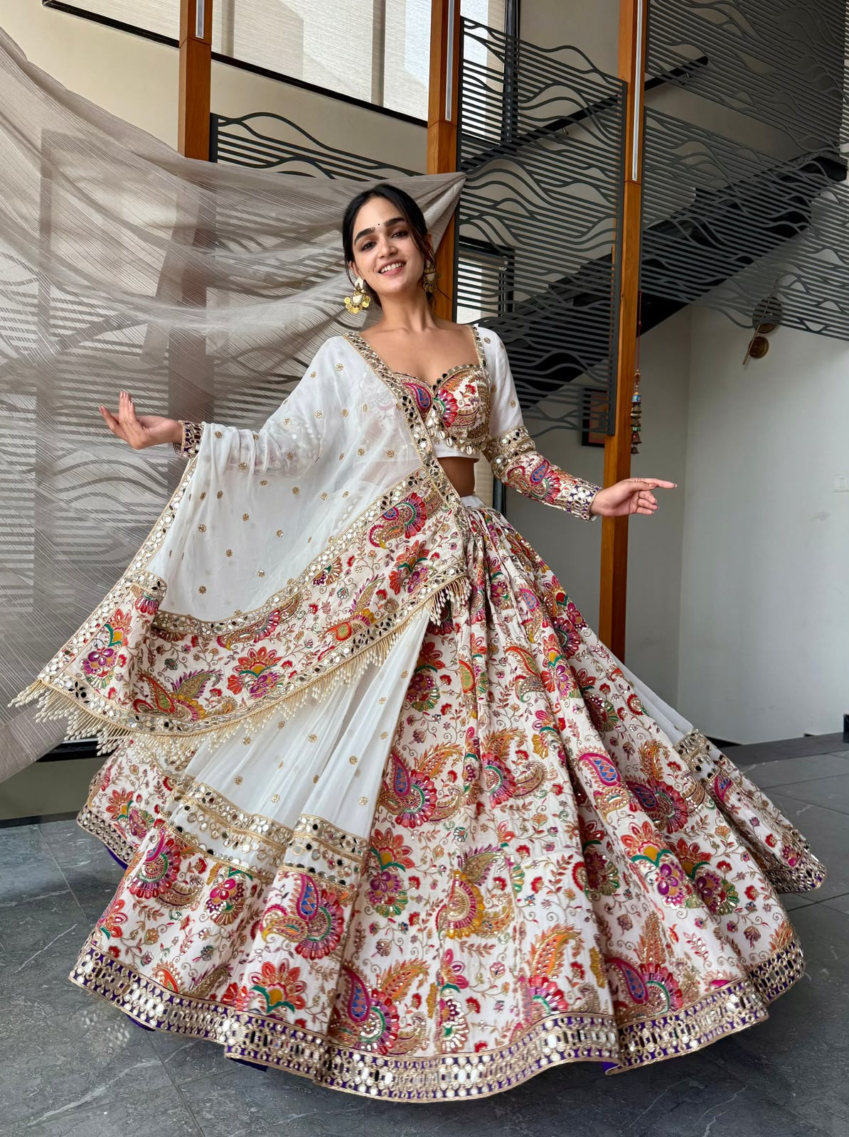 Premium Faux Georgette Sequins & Foil Mirror Work Lehenga Set