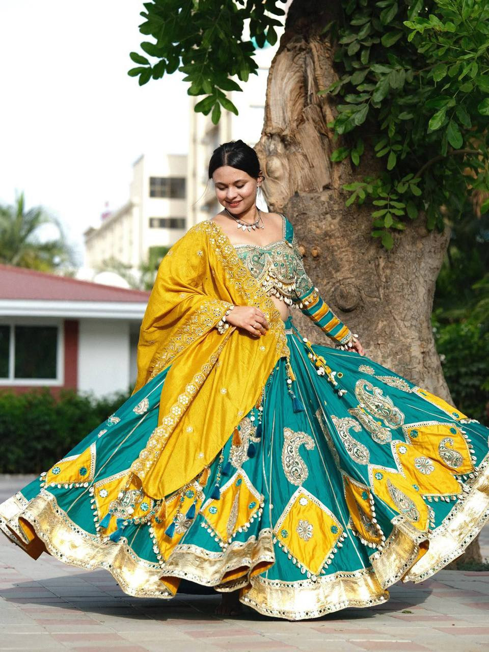 4 Meter Flared Premium Muslin Silk Lehenga With Digital Print & Real Mirror Work