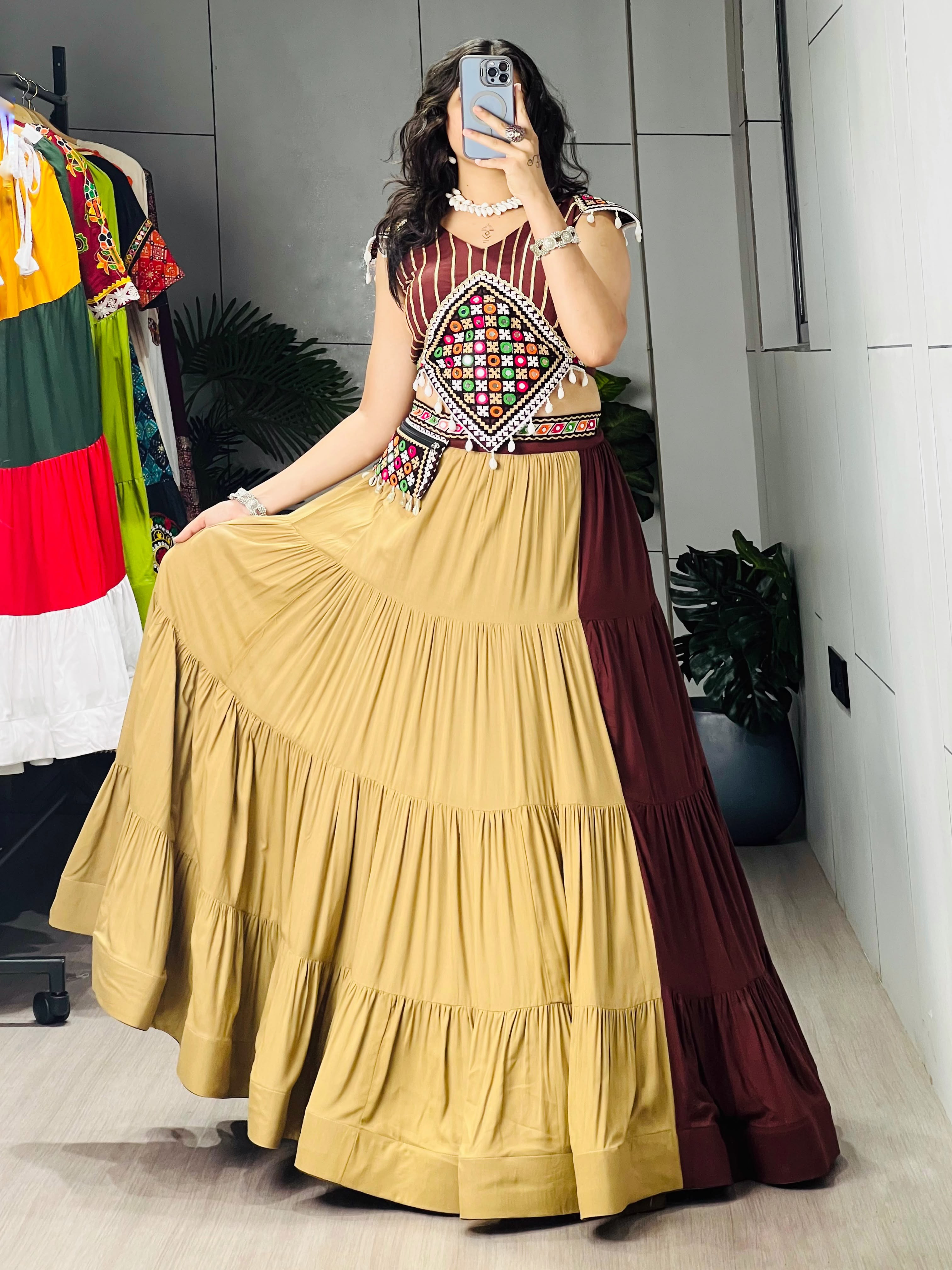 Brown Cream Chaniya Choli Lehenga Set For Women
