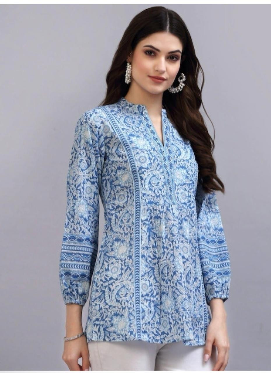 Women's Floral Printed Blue Colour Cotton Top