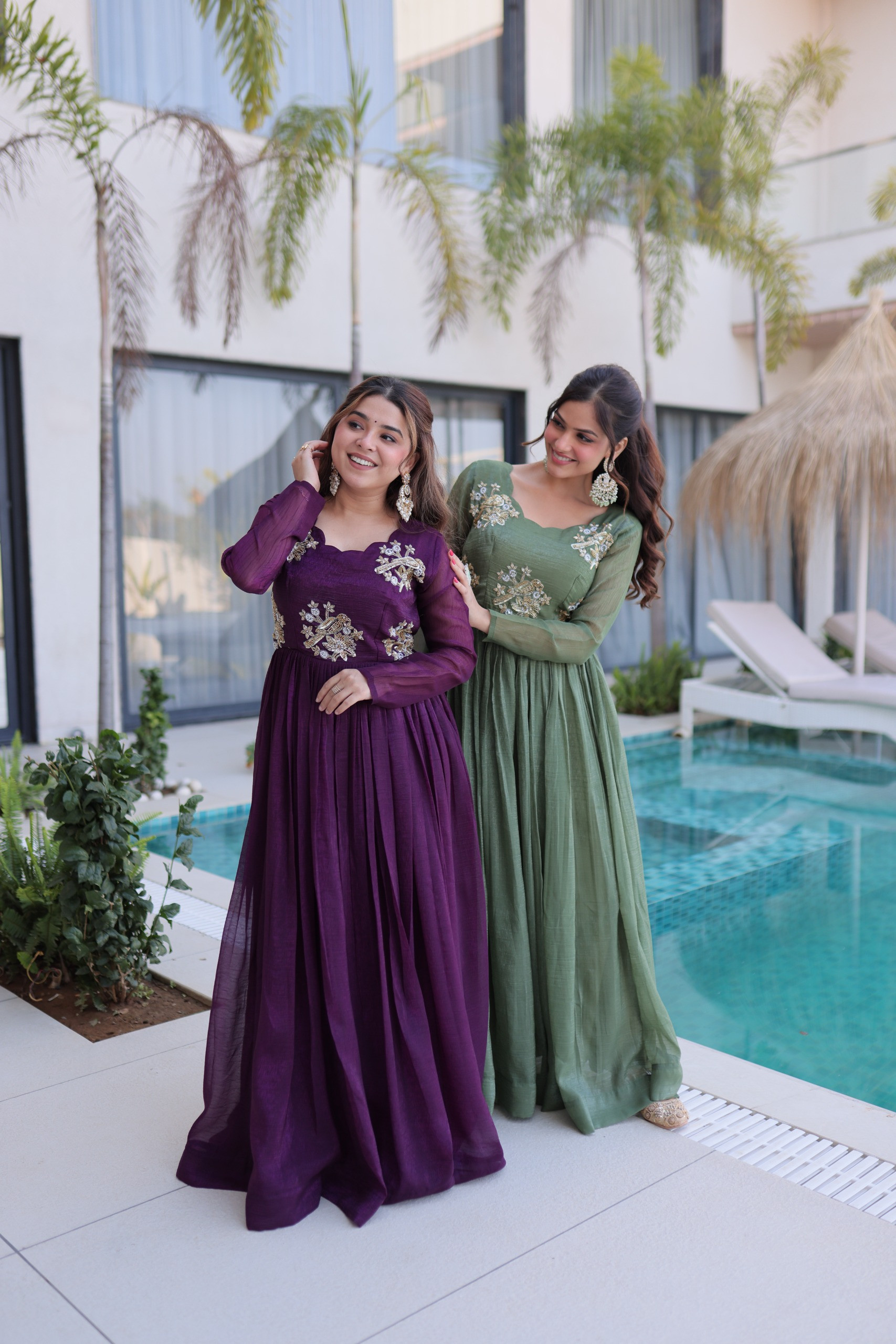Premium Designer Silver Crunchy Beads Embroidery Readymade Gown for Women