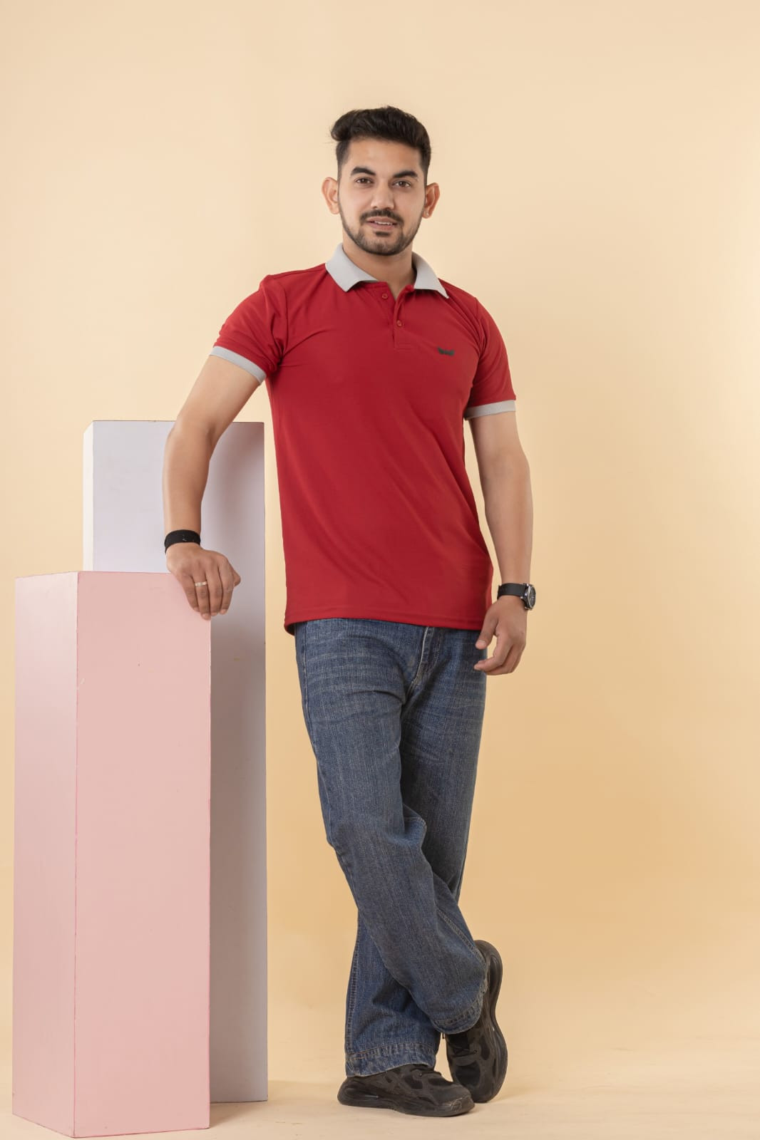 Sky of Stars Men's Red Polo T-Shirt with Grey Contrast Collar