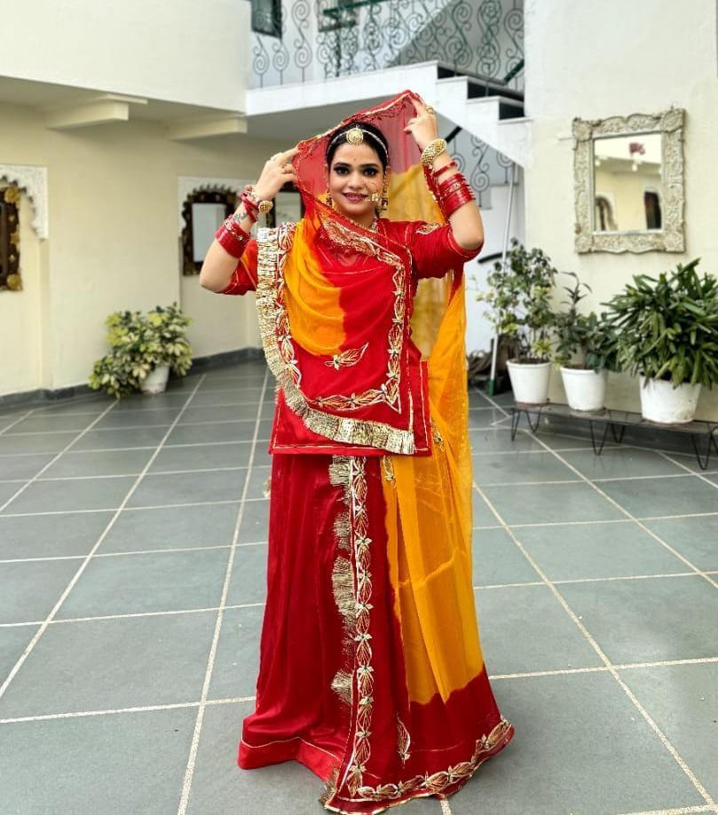 Premium Heavy Satin Rajputi Poshak with Hamrai Pure Odhna | Unstitched Traditional Designer Dress