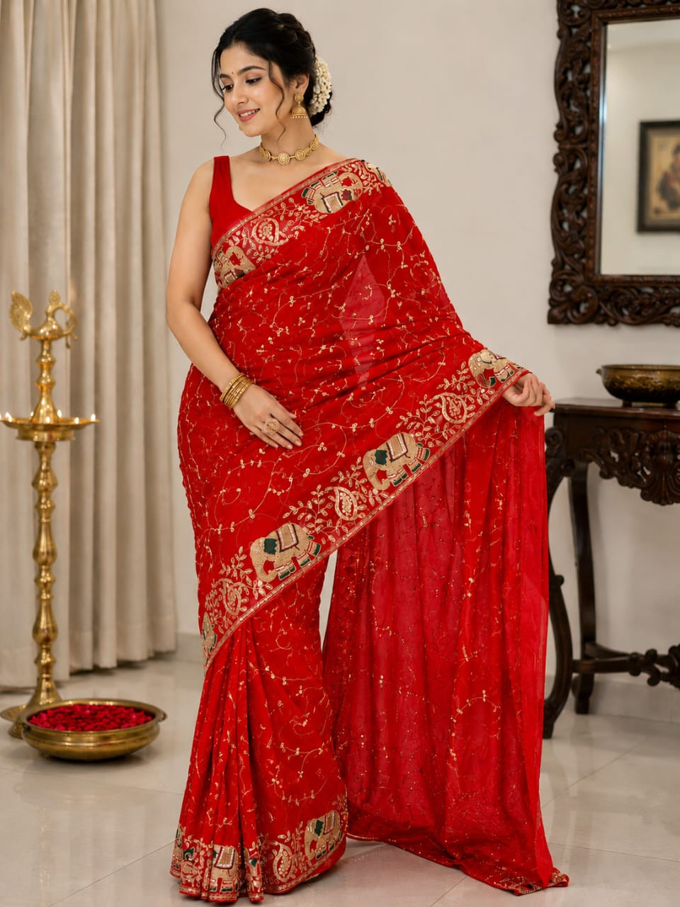 Royal Georgatte Darbari Saree - Elegant Silk Blend Traditional Indian Wear
