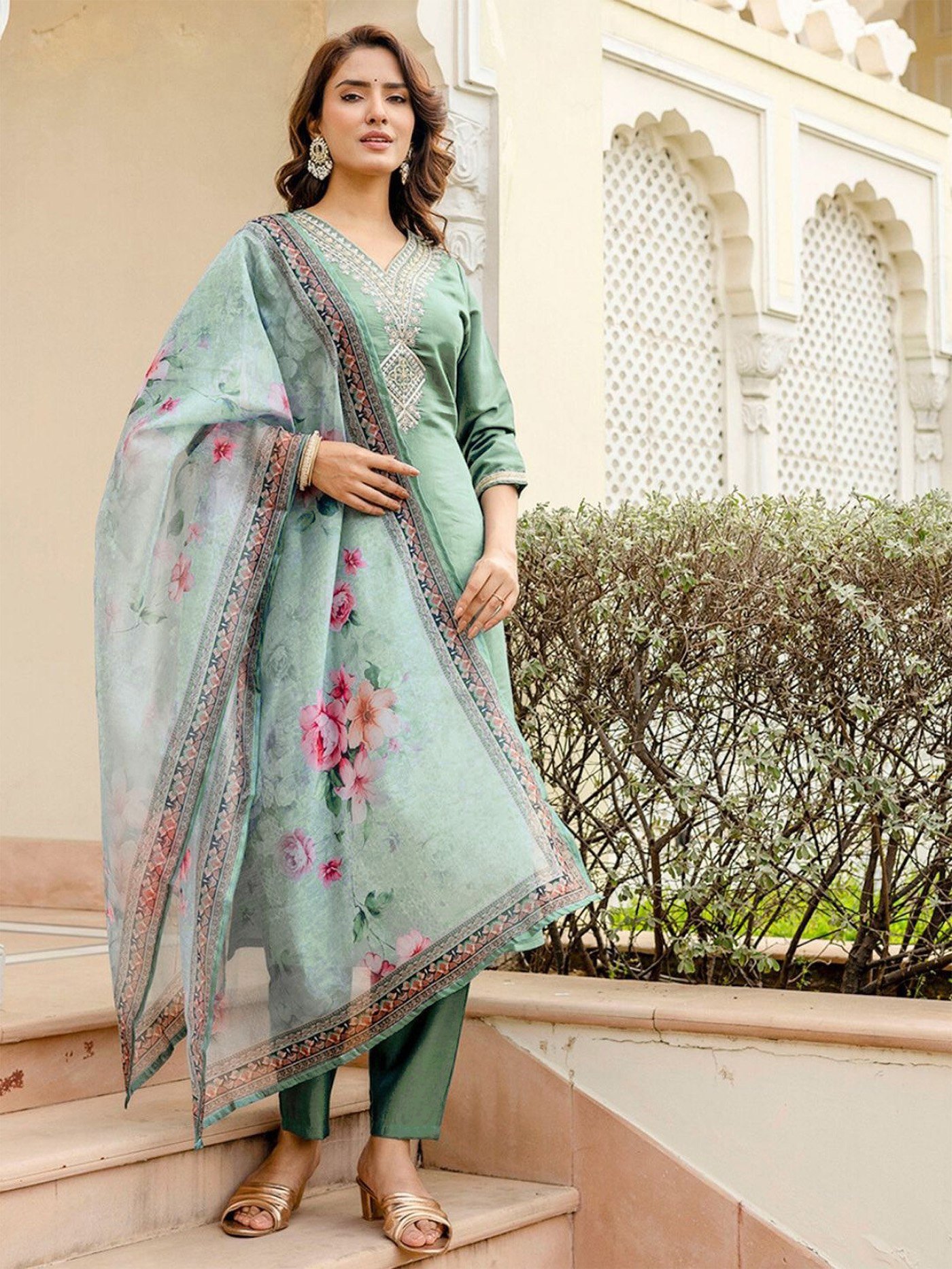 Women’s Embroidered Kurta Pant with Dupatta Set – Sea Green | Tesla Fabric | Festive & Party Wear