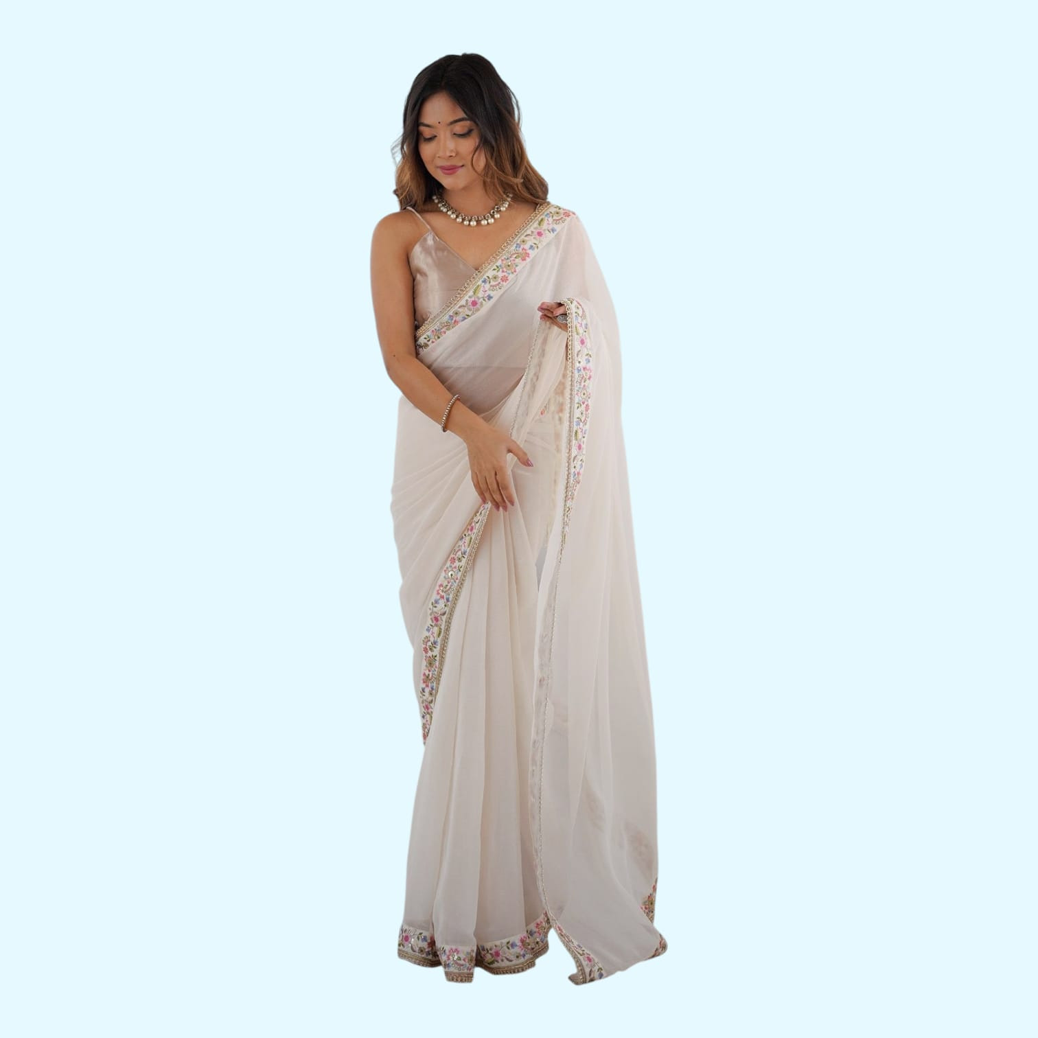 Diamond White Party Wear Georgette Saree with Embroidered Blouse