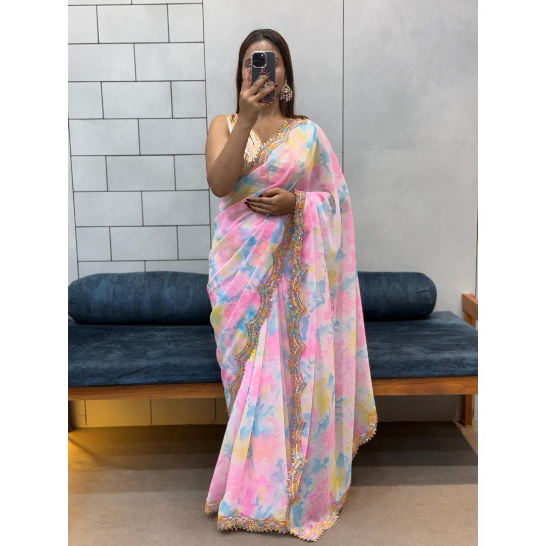 Pink Celebrity Style Shibori Print Soft Faux Georgette Saree with Rainbow Lace