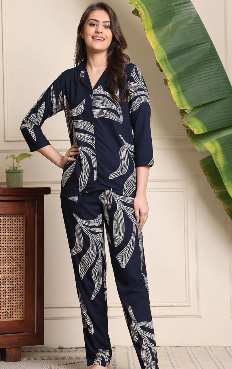 Neavy Blue Printed Night Suit For Women