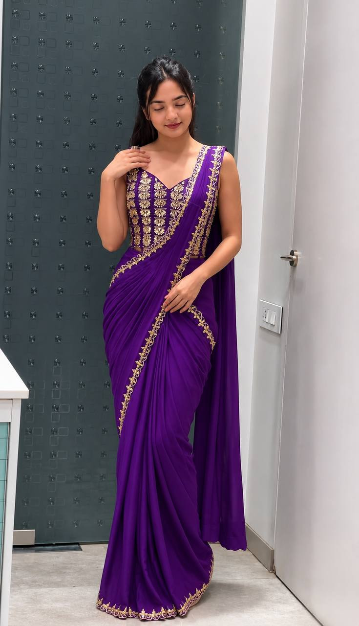 Premium Ready-to-Wear Crepe Silk Saree with Embroidered Blouse & Belt