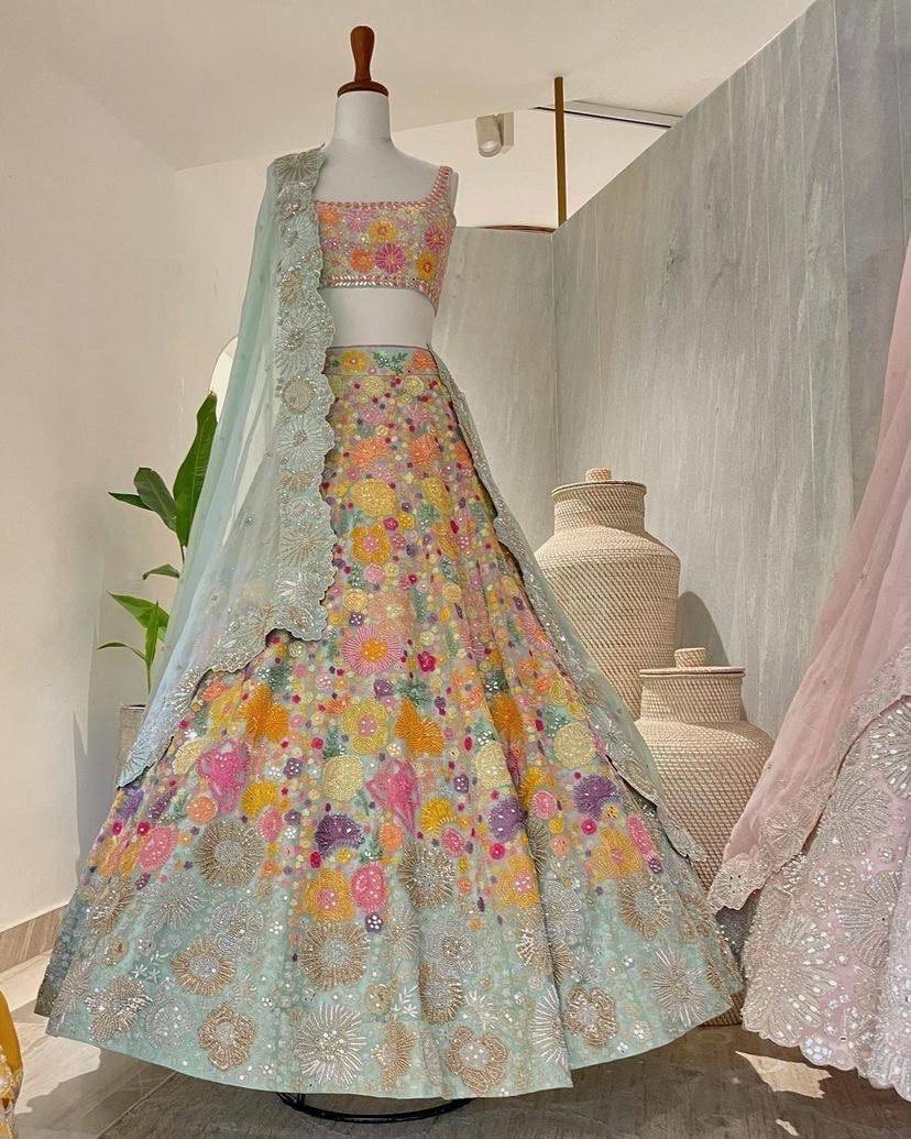 Mahabali Satin Silk Sequins Embroidered Lehenga with Cancan & Canvas Patta – 3.25 Meter Flare, Semi-Stitched