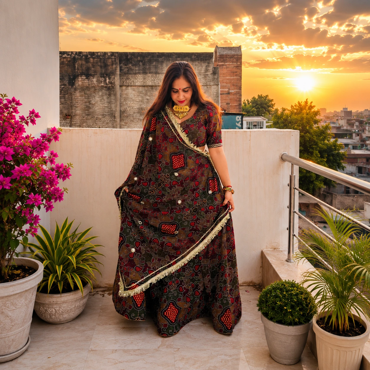 Designer 4 Meter Flair Bandhej Lehenga | Stone & Lace Work | Semi Stitched | Up to 3XL Supported